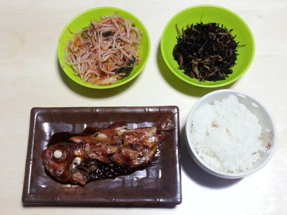 Our Kinme no Nitsuke dinner (bean sprout kimchi, hijiki (seaweed), Kinme no Nitsuke, hot rice)