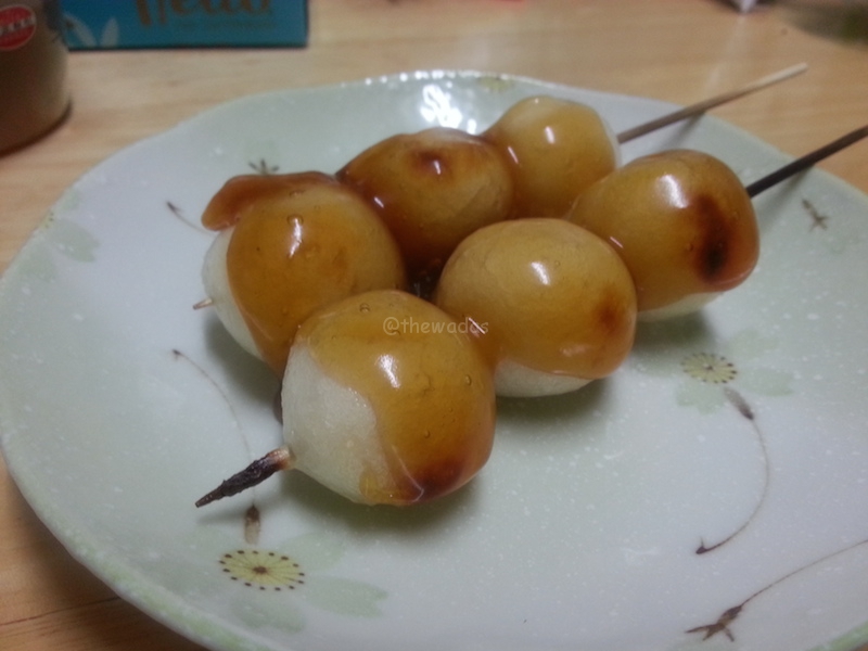 Mitarashi Dango: dango balls coated in sweet soy sauce glaze